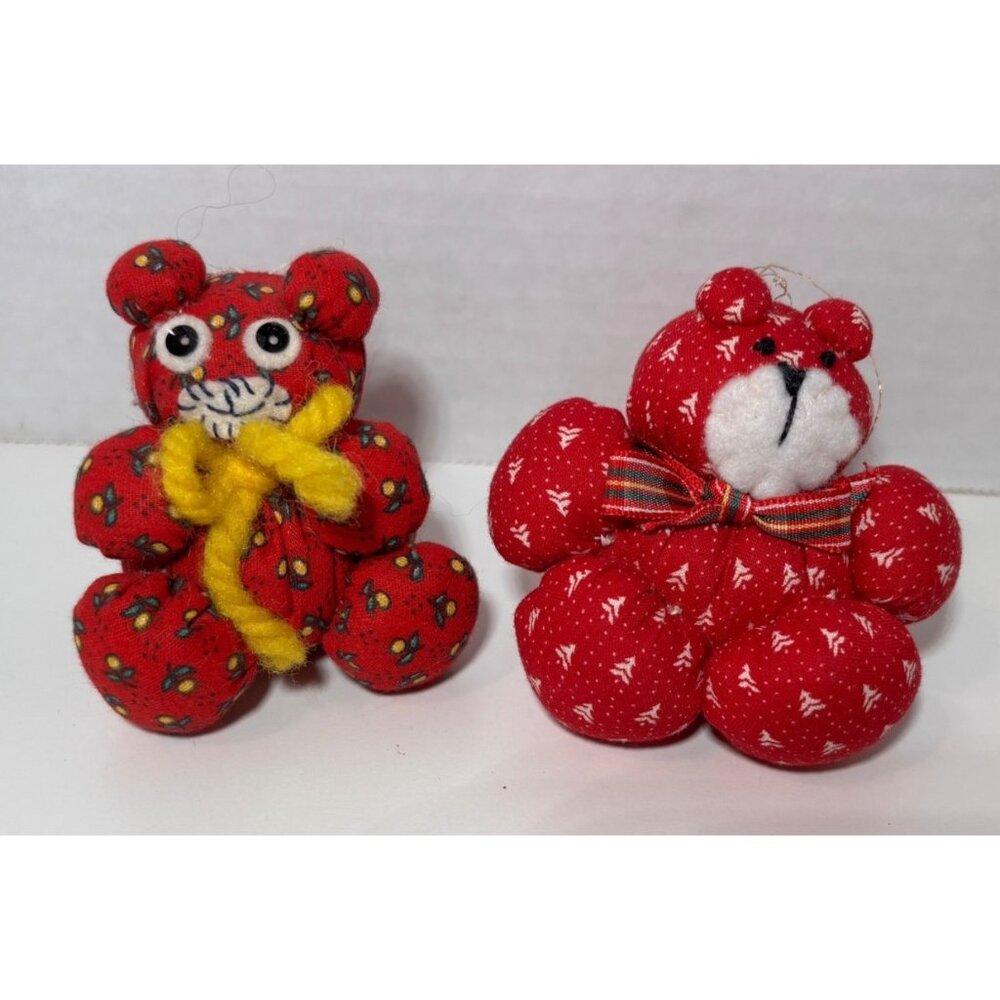 Vintage Chunky Fabric Quilted Bears Ornaments Red Christmas Decor 2.25" - Picture 1 of 8